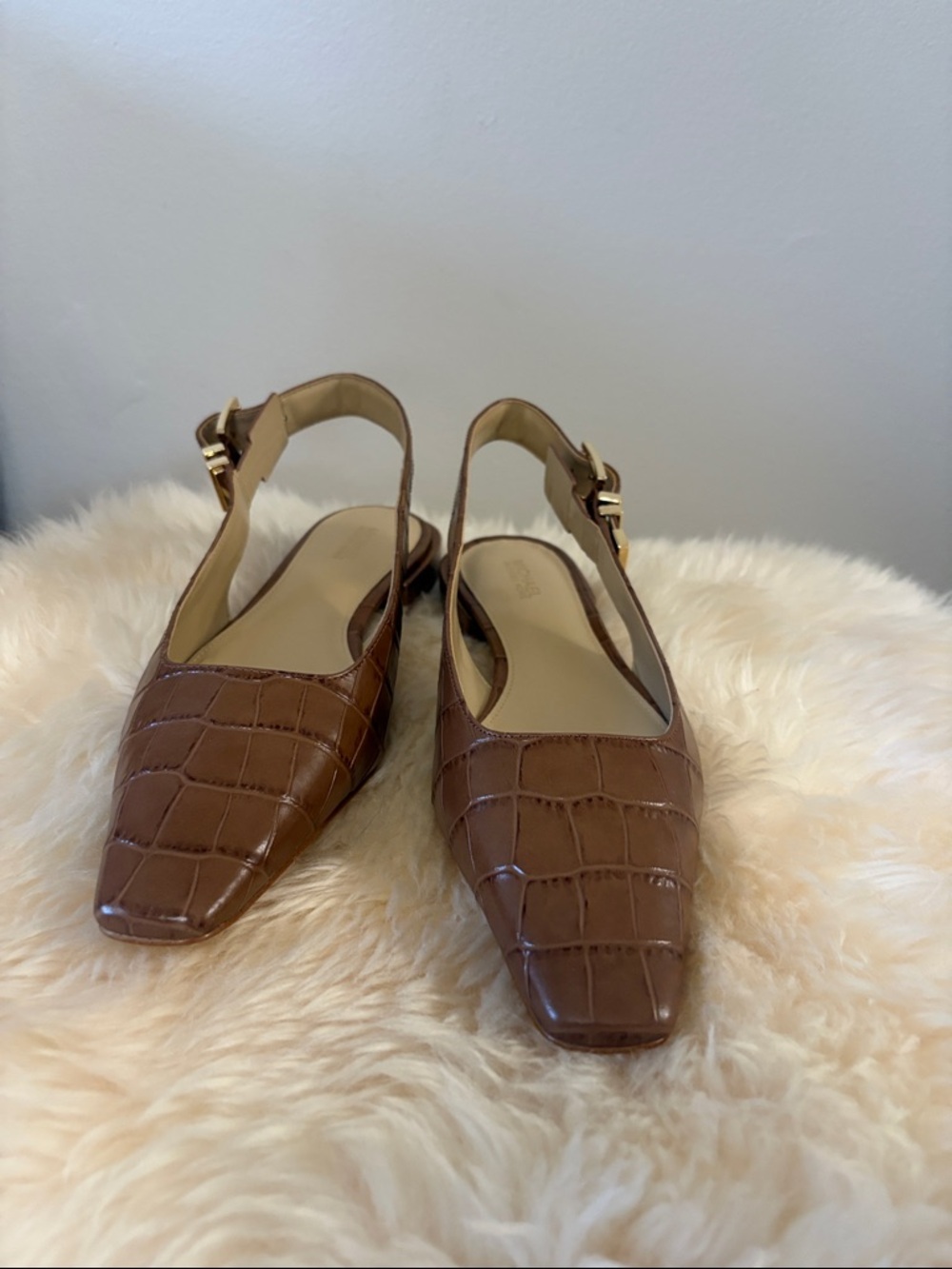 Michael Kors Tan  Croc-Embossed Slingback Flats